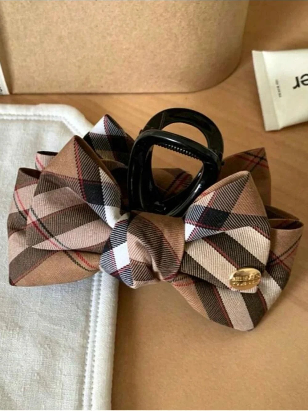 Plaid Bow Hair Claw Clip - Beige Brown